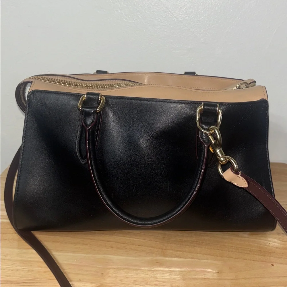 Coach X Selena Gomez Colorblock Satchel Crossbody Bag Purse Leather Black Tan